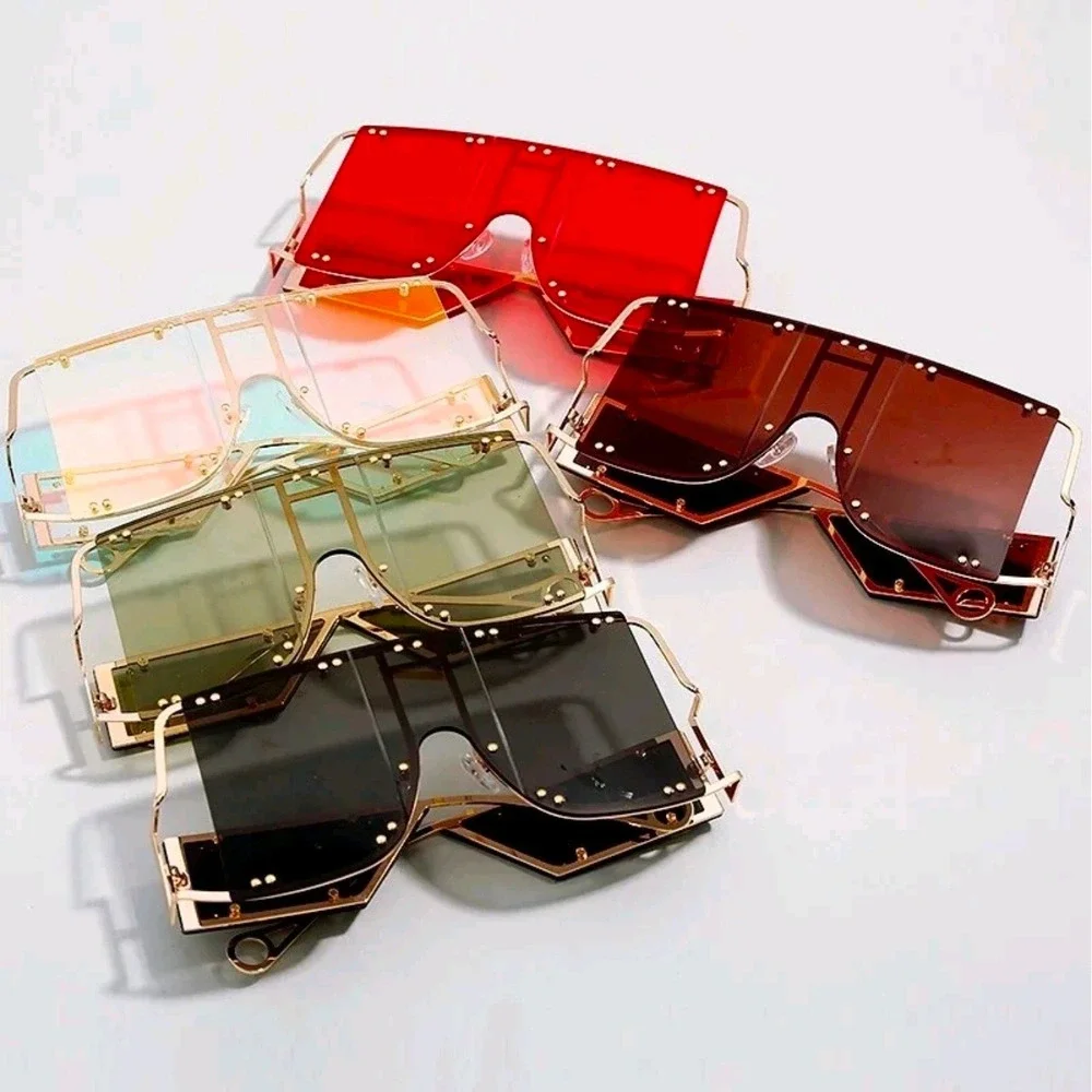 Shield Sunglasses Womens OS Pink Green New Oversized Rimless Flat Top Gold Frame